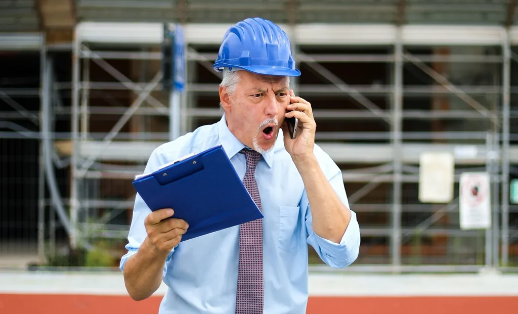Construction foreman yelling at his cellphone.